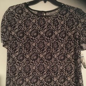 Black lace print blouse with “leather” detailing